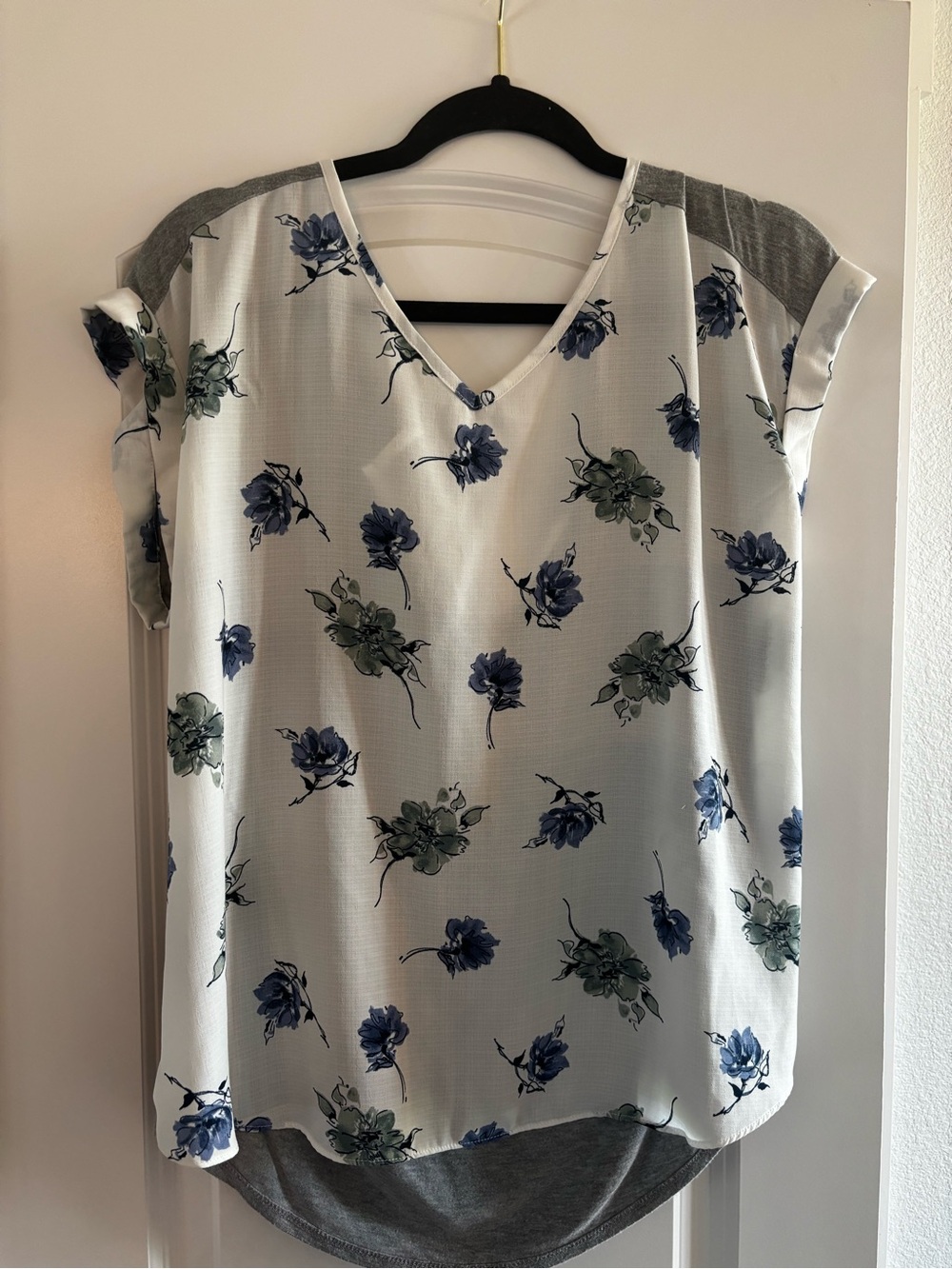 Women’s White Floral V-Neck Blouse with Gray Accent